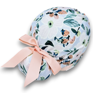 Euro scrub cap with ties for Women, Strawberry Bloom European Surgical cap with Satin Lined by Paradise Caps. Euro PLUS style.