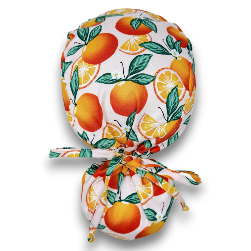 Orange Sunflower ponytail scrub cap for women, satin-lined option — Paradise Caps