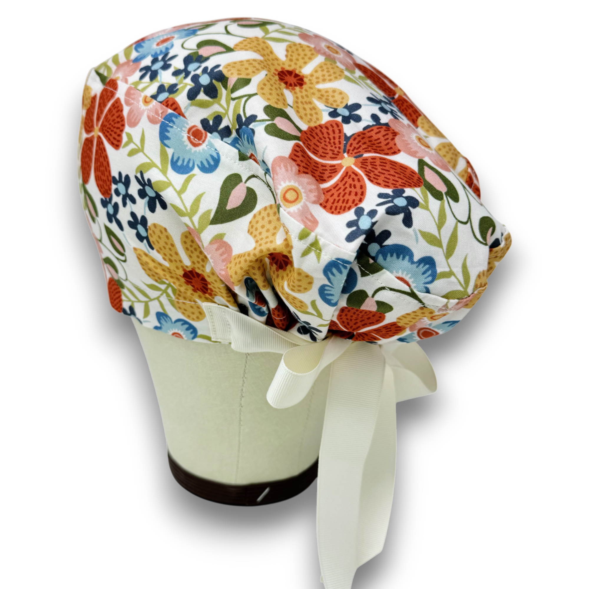Retro Floral Euro scrub cap with ties for Women by Paradise Caps. Euro PLUS style.
