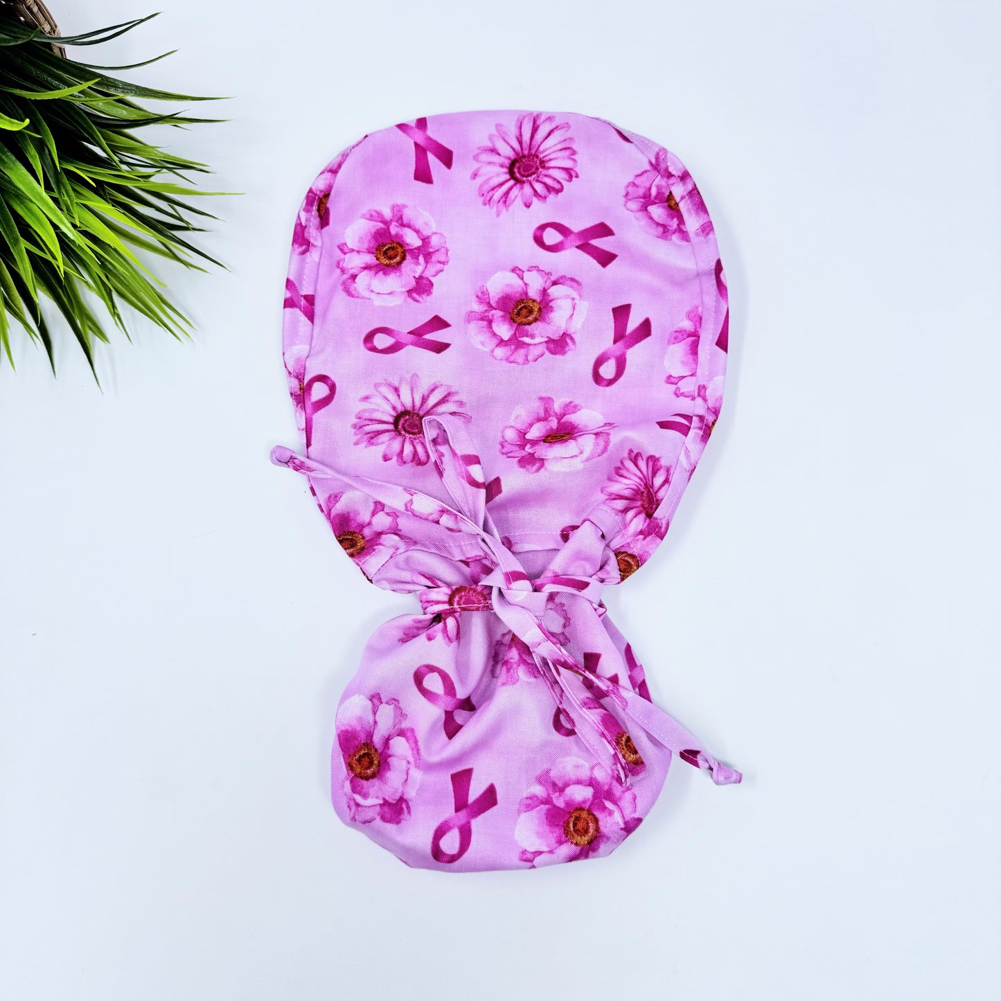 Pink Flower Ribbon Ponytail scrub cap, Surgical cap women. Satin Lined Option Surgical cap with ponytail.