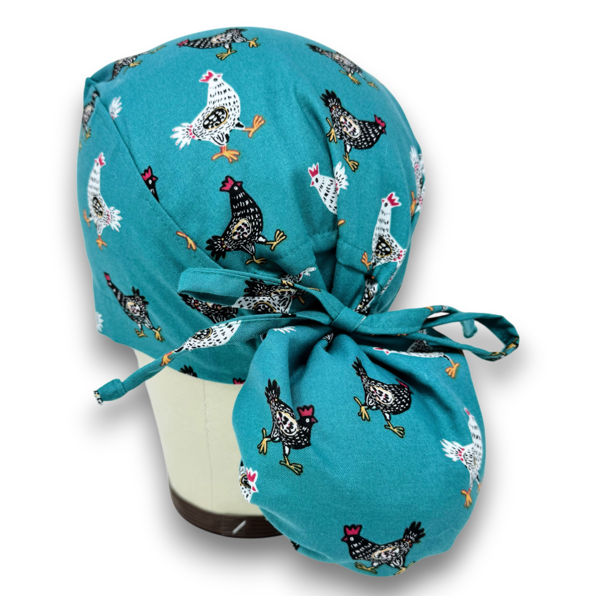 Chicken Ponytail scrub cap for women with satin lined option by Paradise Caps.