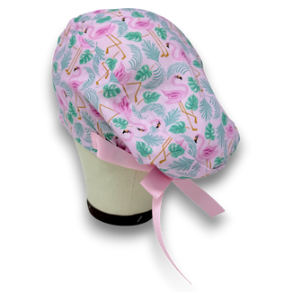 Euro scrub cap with ties for Women. Flamingo European Surgical hat with Satin Lined Option by Paradise Caps. Euro PLUS style.