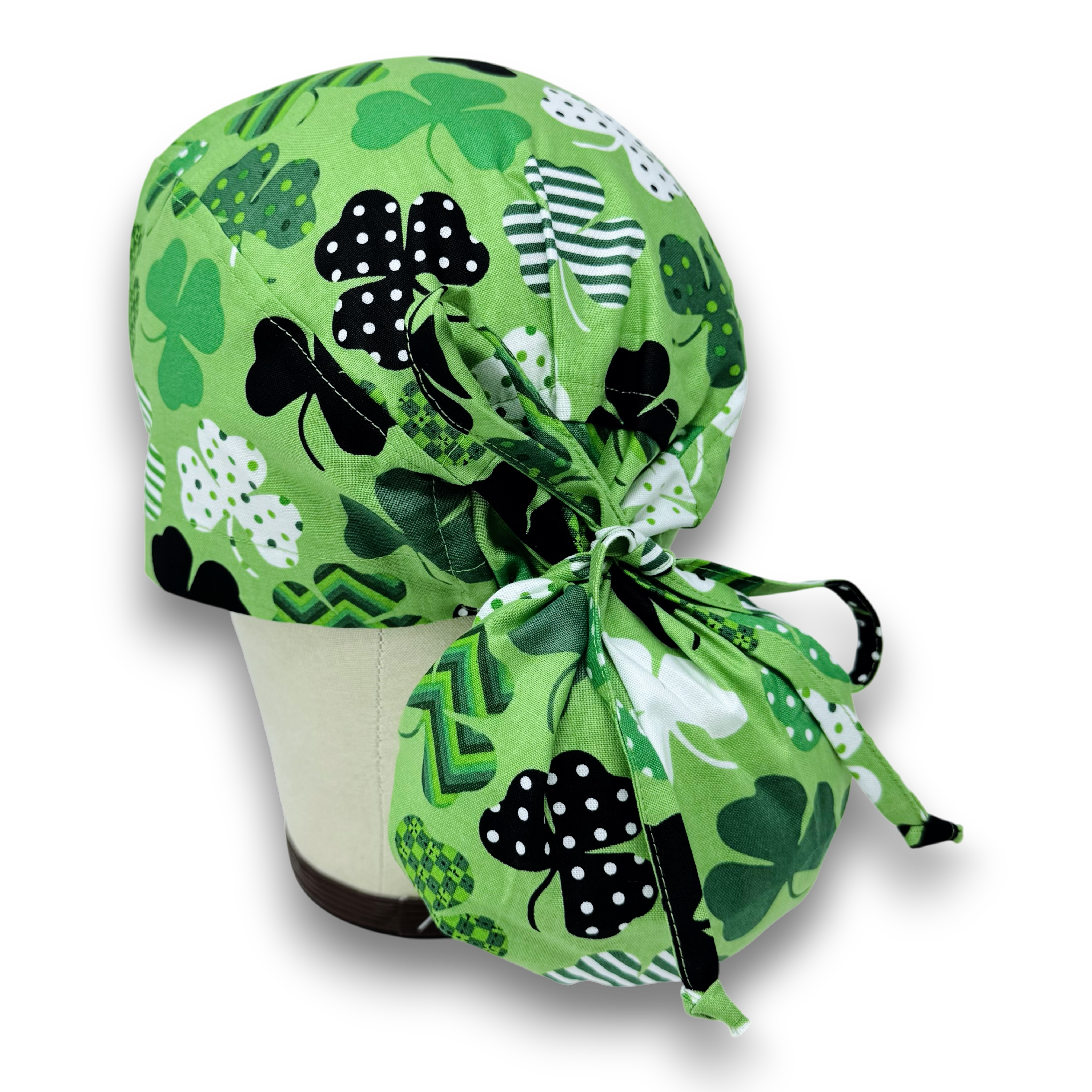 St. Patricks Day Ponytail scrub cap for women with satin lined option by Paradise Caps.