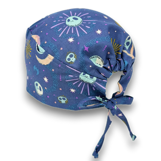 Skelly Moon Skull tie-back style surgical scrub cap for men by Paradise Caps.