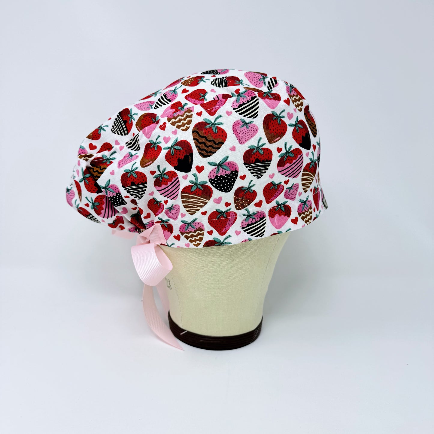 Valentine's day Euro scrub cap with ties for Women, Strawberry European Surgical cap with Satin Lined by Paradise Caps.