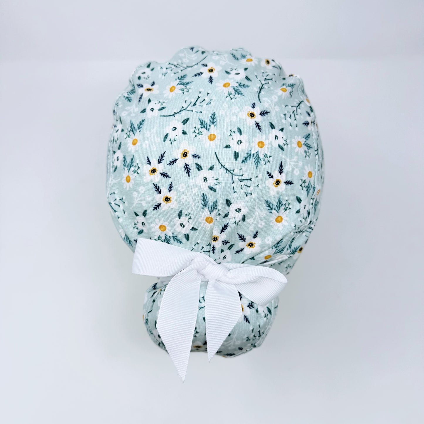 Floral Euro scrub cap with ties for Women, Chamomile European Surgical cap with Satin Lined by Paradise Caps.