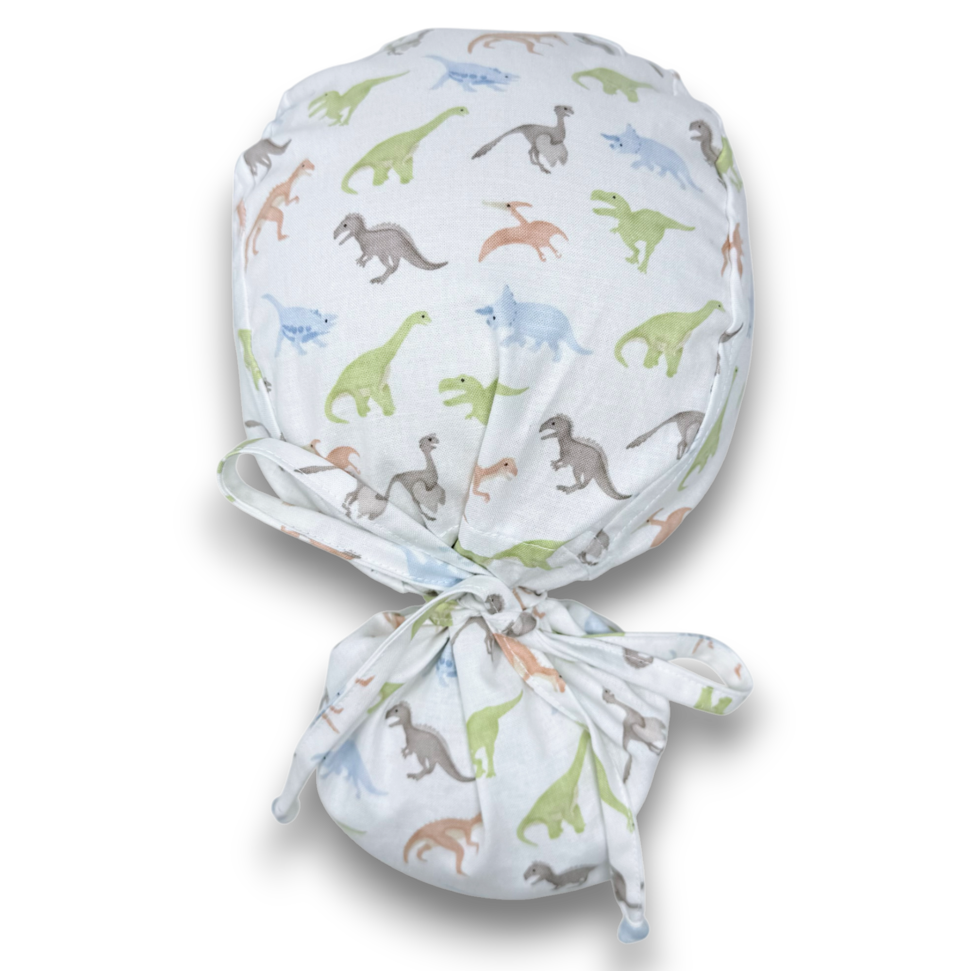 Dino Ponytail scrub cap for women. Dinosaur Surgical hat with satin lined option by Paradise Caps.