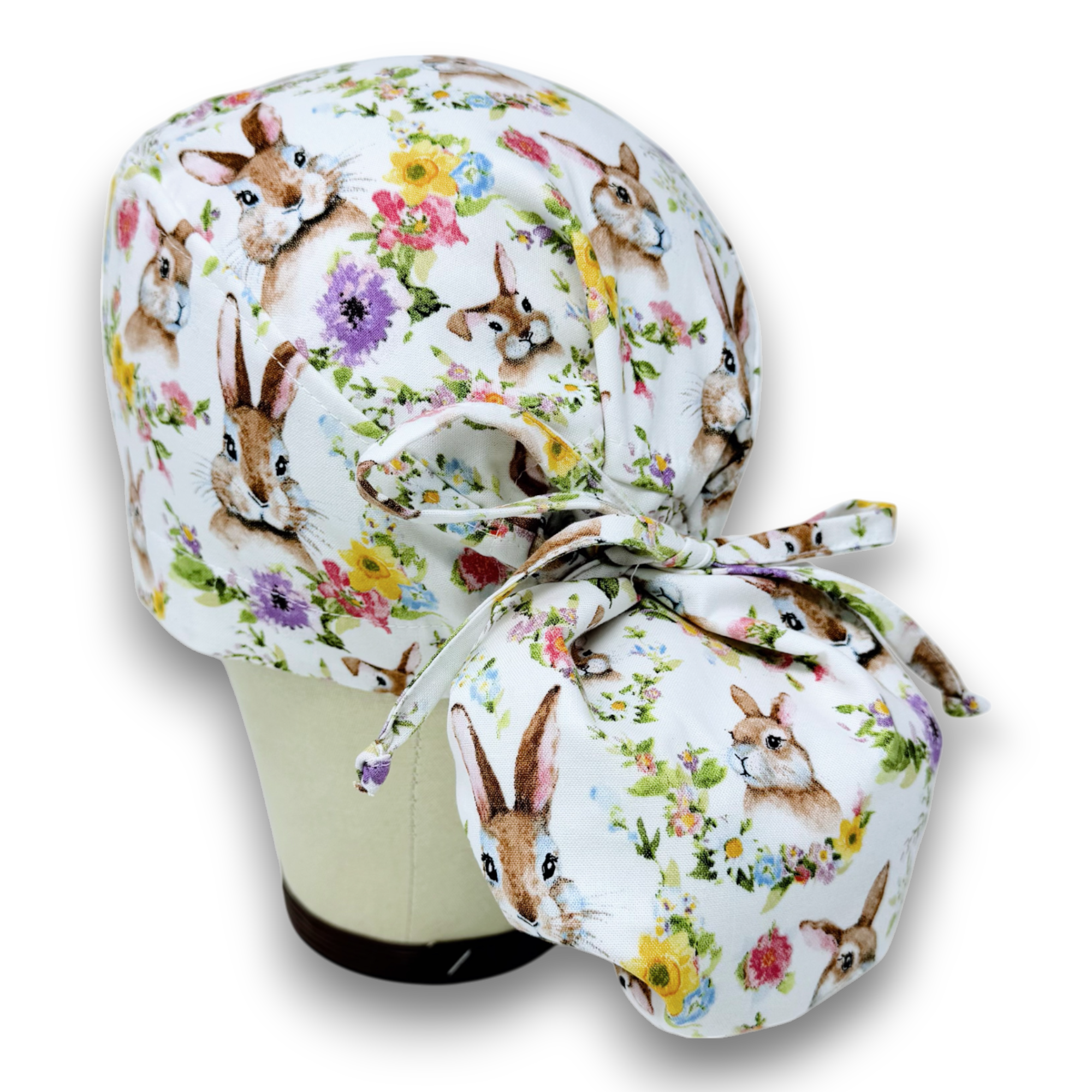Bunny Ponytail scrub cap for women with satin lined option by Paradise Caps.
