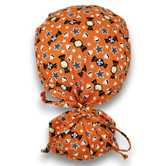Candy corn Ponytail scrub cap for women with satin lined option by Paradise Caps.