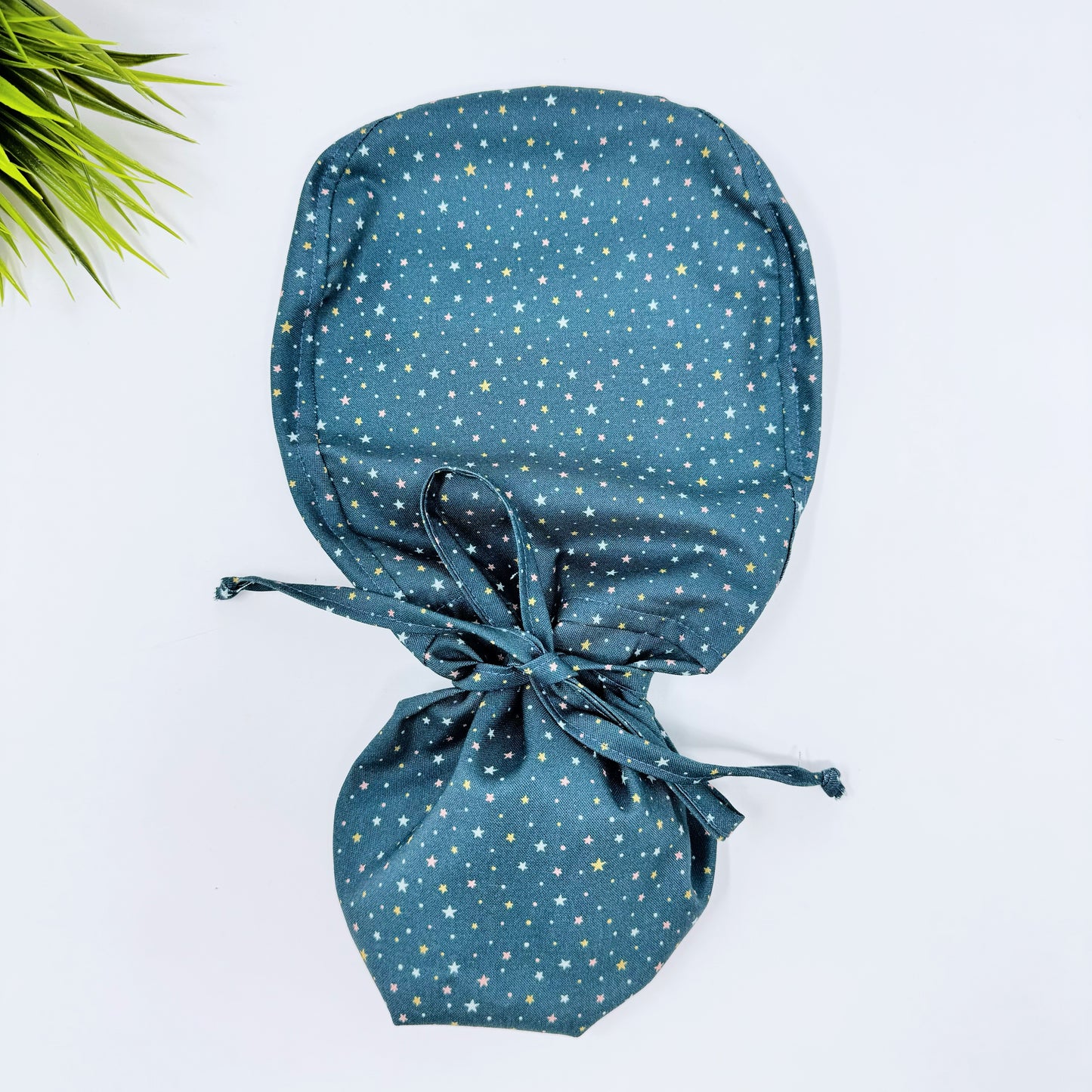 Stars and Tiny Dots Grey Ponytail scrub cap, Surgical cap women. Satin Lined Option Surgical cap with ponytail.