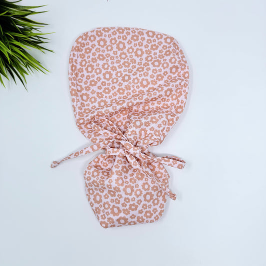 Pearl Flower Ponytail scrub cap, Surgical cap women. Satin Lined Option Surgical cap with ponytail.