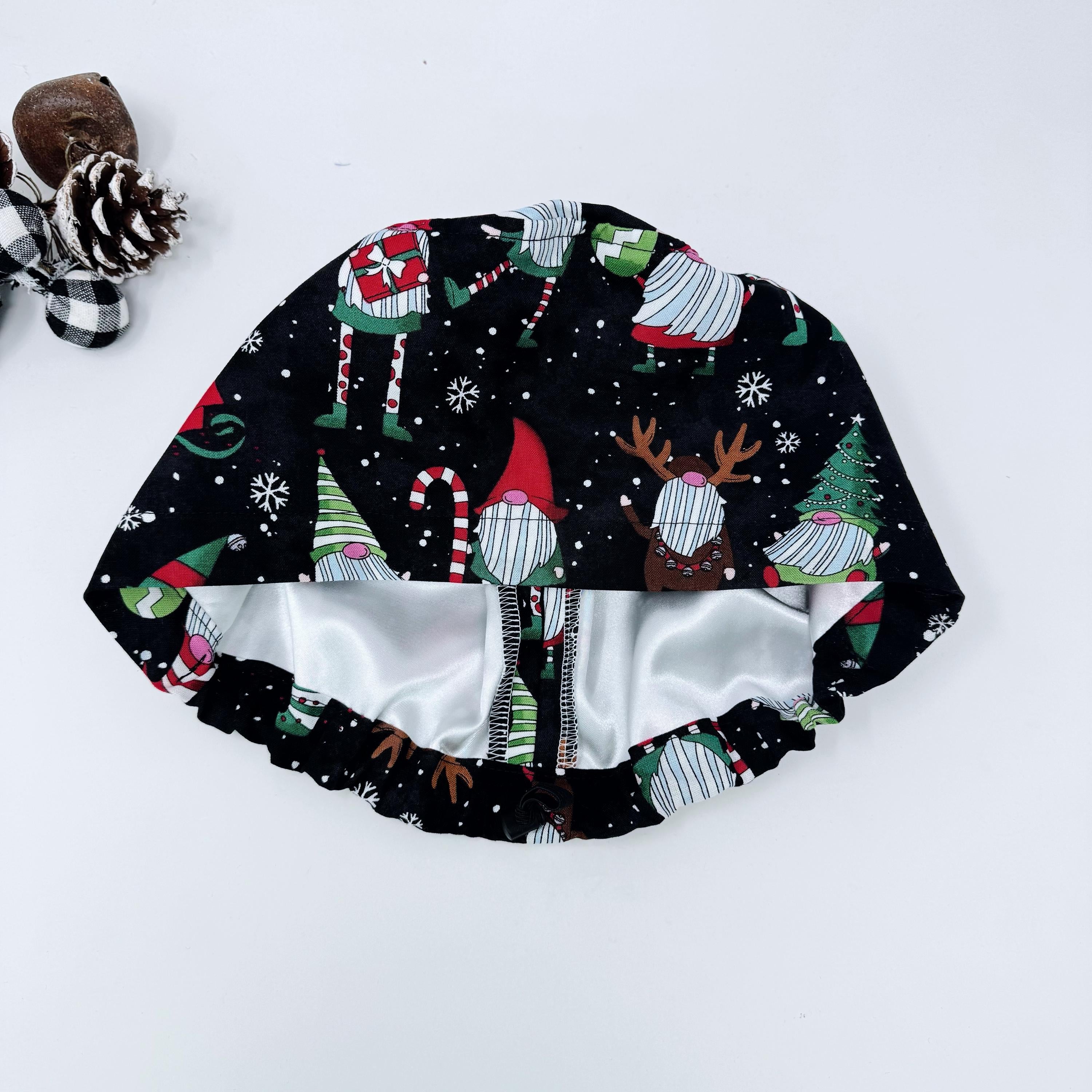 Christmas Euro Scrub Cap for Women, Gnomes Surgical cap with satin lined by Paradise Caps.