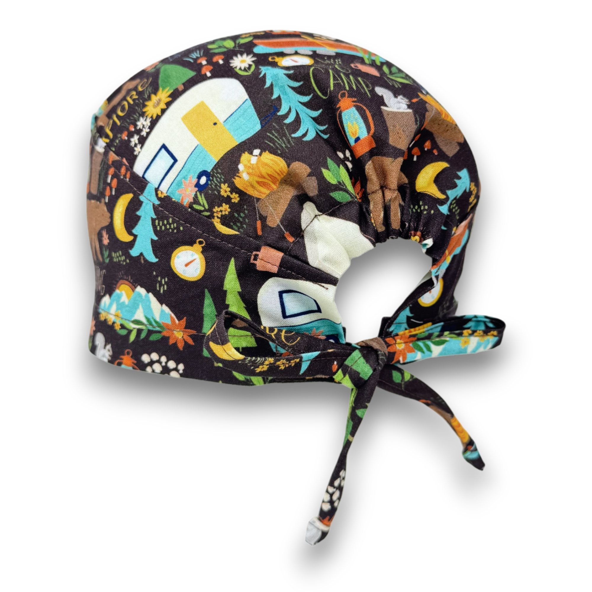Camping Skull tie-back style surgical scrub cap for men by Paradise Caps.
