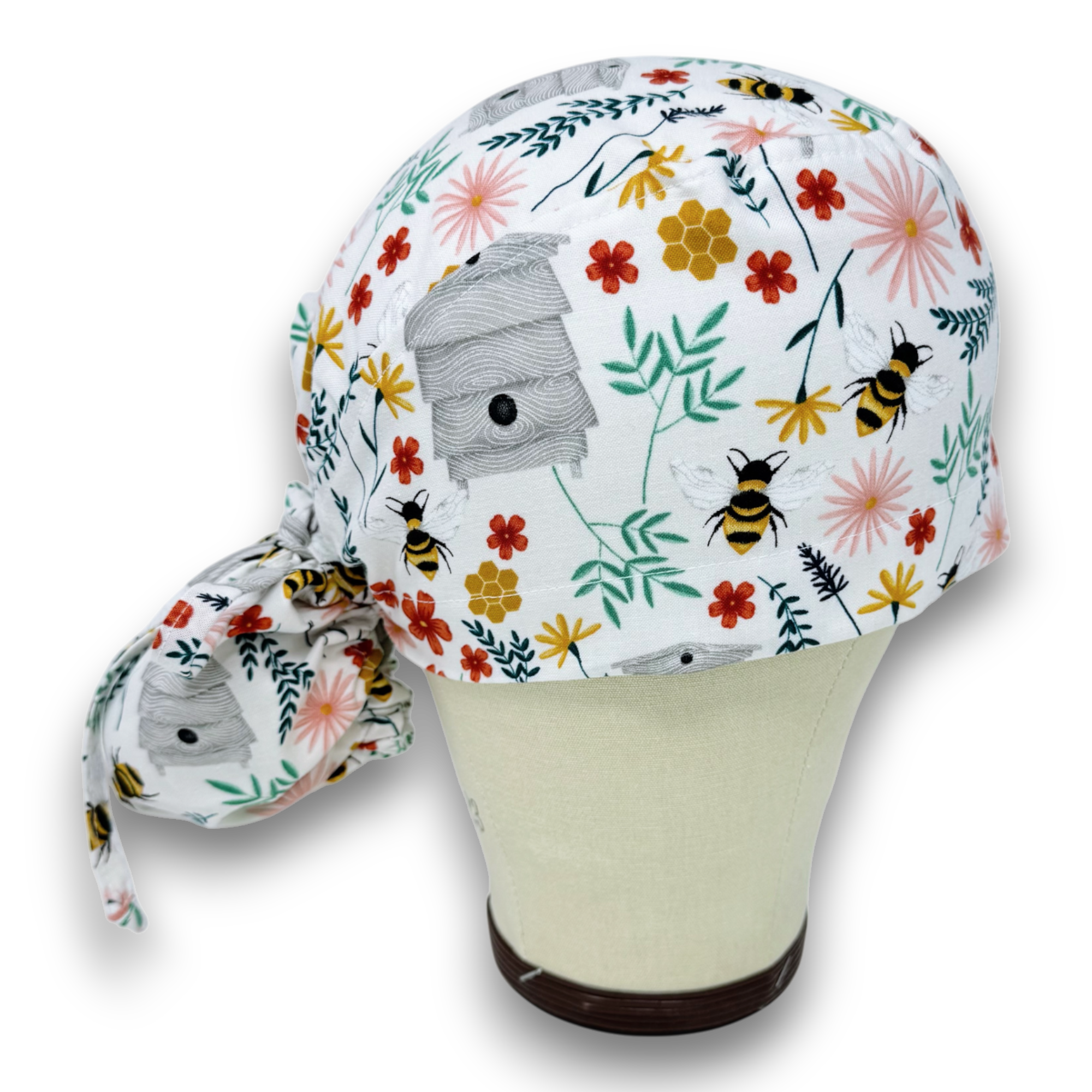 Bee Ponytail scrub cap for women with satin lined option by Paradise Caps.