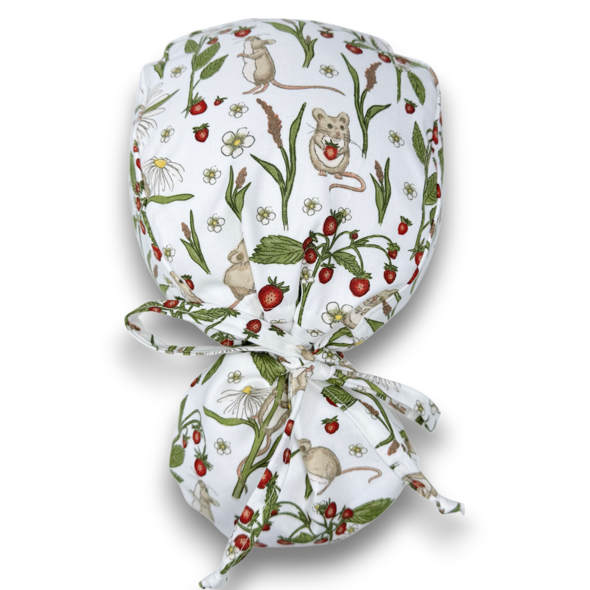 Meadow Mice Ponytail scrub cap for women with satin lined option by Paradise Caps.