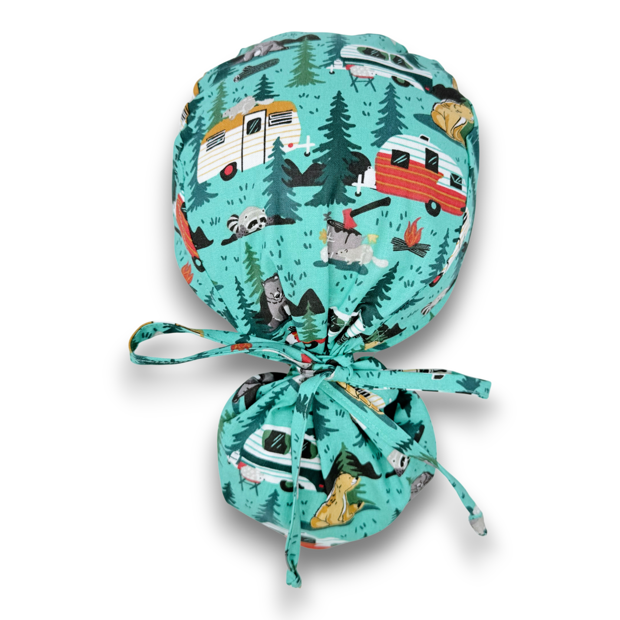 Forest Camping Ponytail scrub cap for women with satin lined option by Paradise Caps.