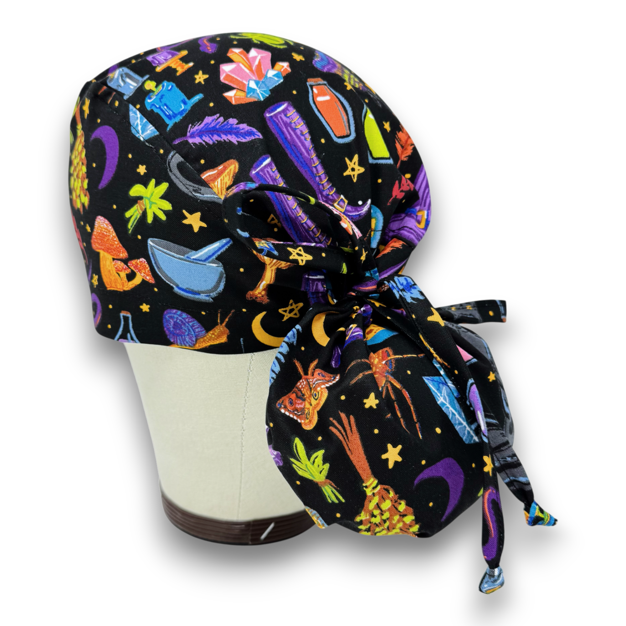 Halloween Witchy Icons Ponytail scrub cap for women with satin lined option by Paradise Caps.