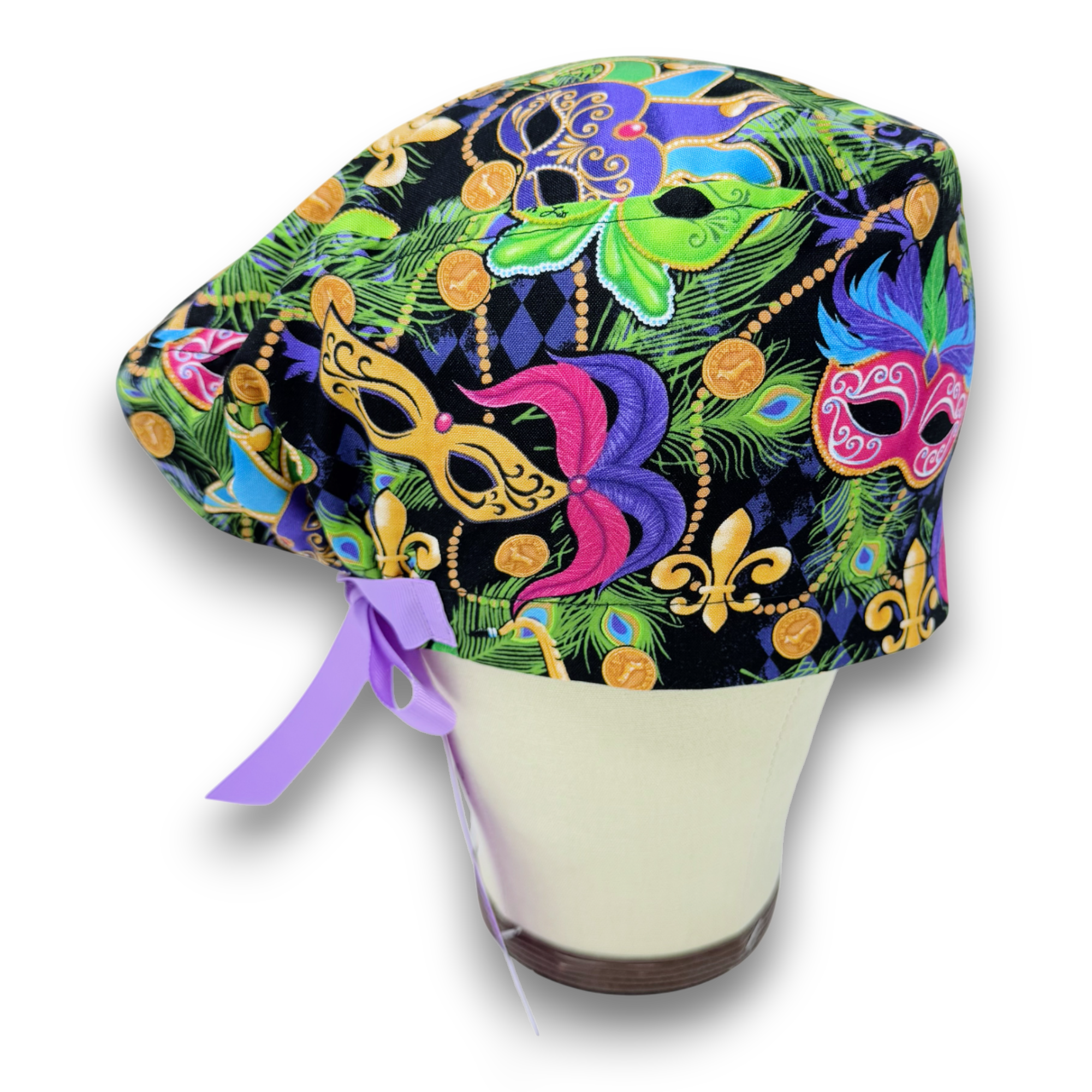 Mardi Gras Euro scrub cap with ties for Women by Paradise Caps. Euro PLUS style.