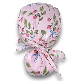 Spring Strawberries Ponytail scrub cap for women with satin lined option by Paradise Caps.