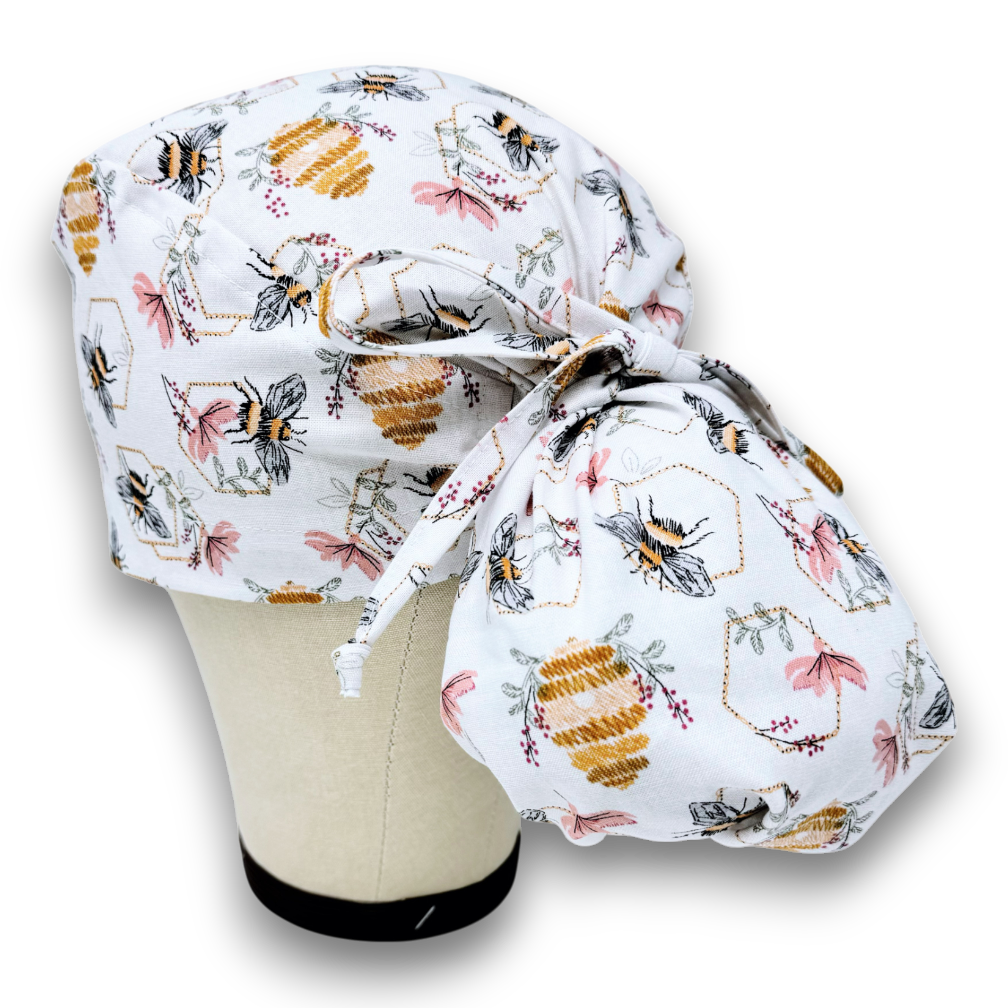 Bee Ponytail scrub cap for women with satin lined option by Paradise Caps.