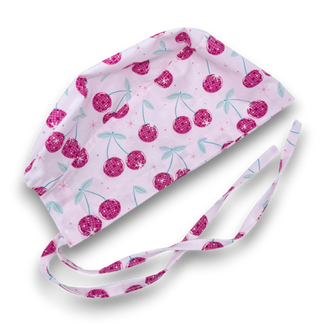 Cherry Skull tie-back style surgical scrub cap by Paradise Caps.