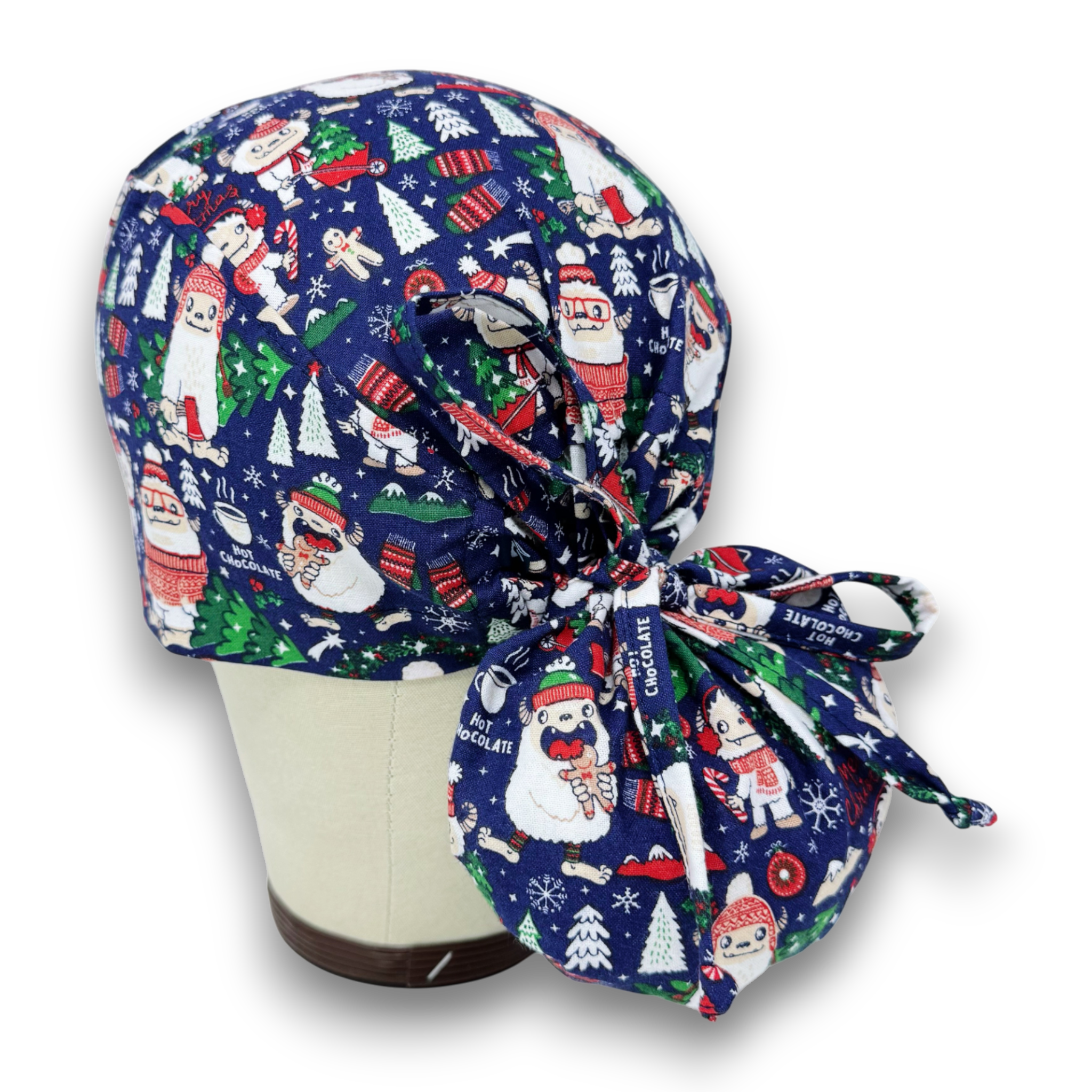 Yeti Ponytail scrub cap with Satin Lined. Christmas surgical scrub hats for women by Paradise Caps.