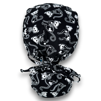 Skeleton Cats Ponytail scrub cap for women with satin lined option by Paradise Caps.