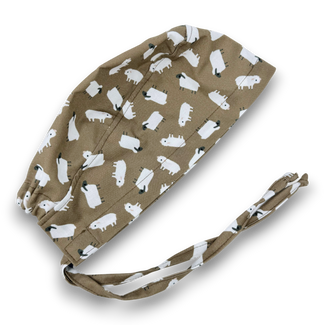 Sheep Men's surgical cap. Farm skull tie-back style scrub cap by Paradise Caps. Brown.