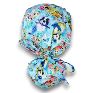 Dog Print Ponytail Scrub Cap. Satin Lined Surgical Cap by Paradise Caps