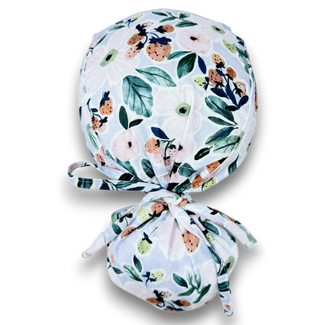 Ponytail scrub cap for women by Paradise Caps. Strawberry Bloom, Satin Lined option Surgical cap with ponytail.