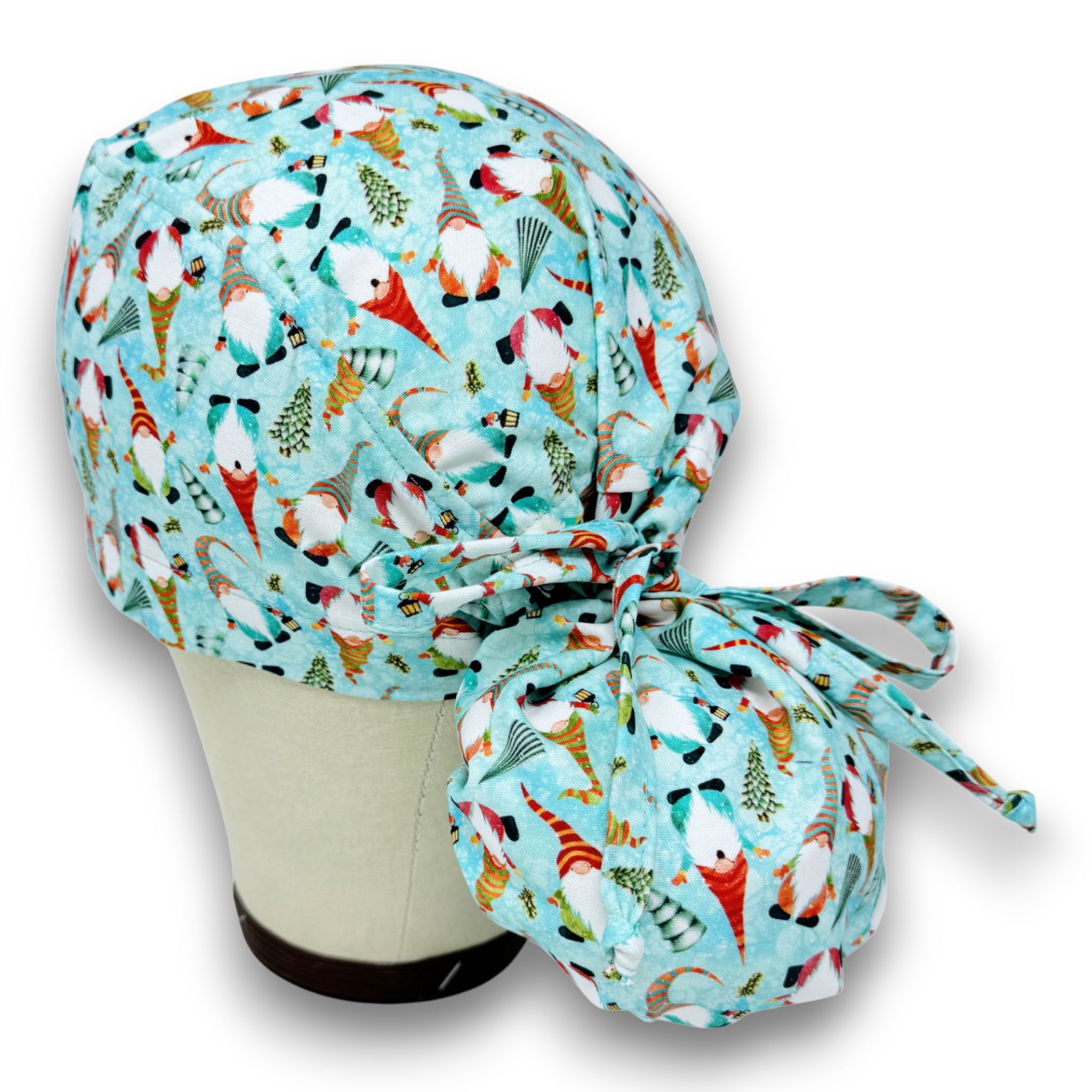 Christmas Gnomes Ponytail scrub cap for women with satin lined option by Paradise Caps.