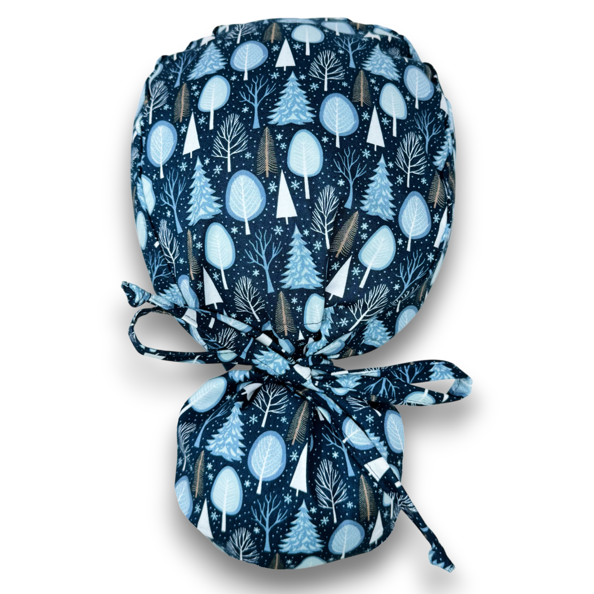 Christmas tree Ponytail scrub cap with satin lined option. Winter trees scrub hat for women by Paradise Caps. Blue.