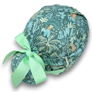 Euro scrub cap with ties for Women. Tropical Print European Surgical cap with satin lined option by Paradise Caps. Euro PLUS style.