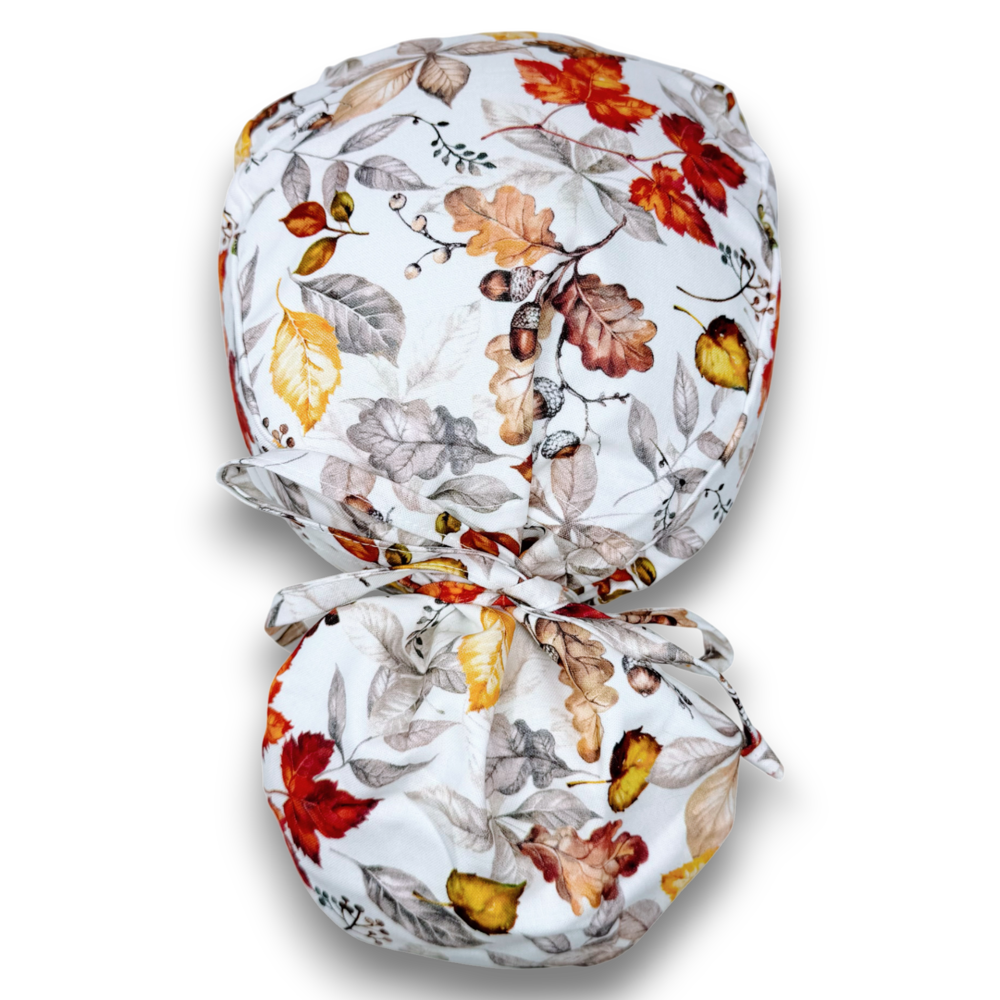 Fall Acorns And Leaves Ponytail scrub cap for women with satin lined option by Paradise Caps.