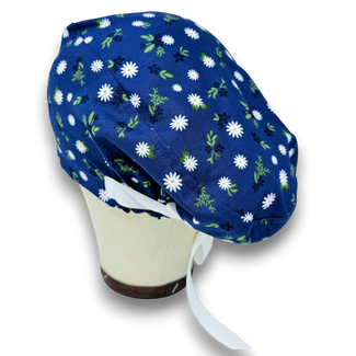 Euro scrub cap with ties for Women. Navy Daisy European Surgical cap with Satin Lined option by Paradise Caps. Euro PLUS style.