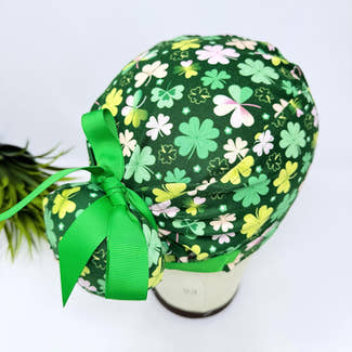 Euro scrub cap with ties for Women, St. Patrick’s Day European Surgical cap with Satin Lined by Paradise Caps. Euro PLUS style.