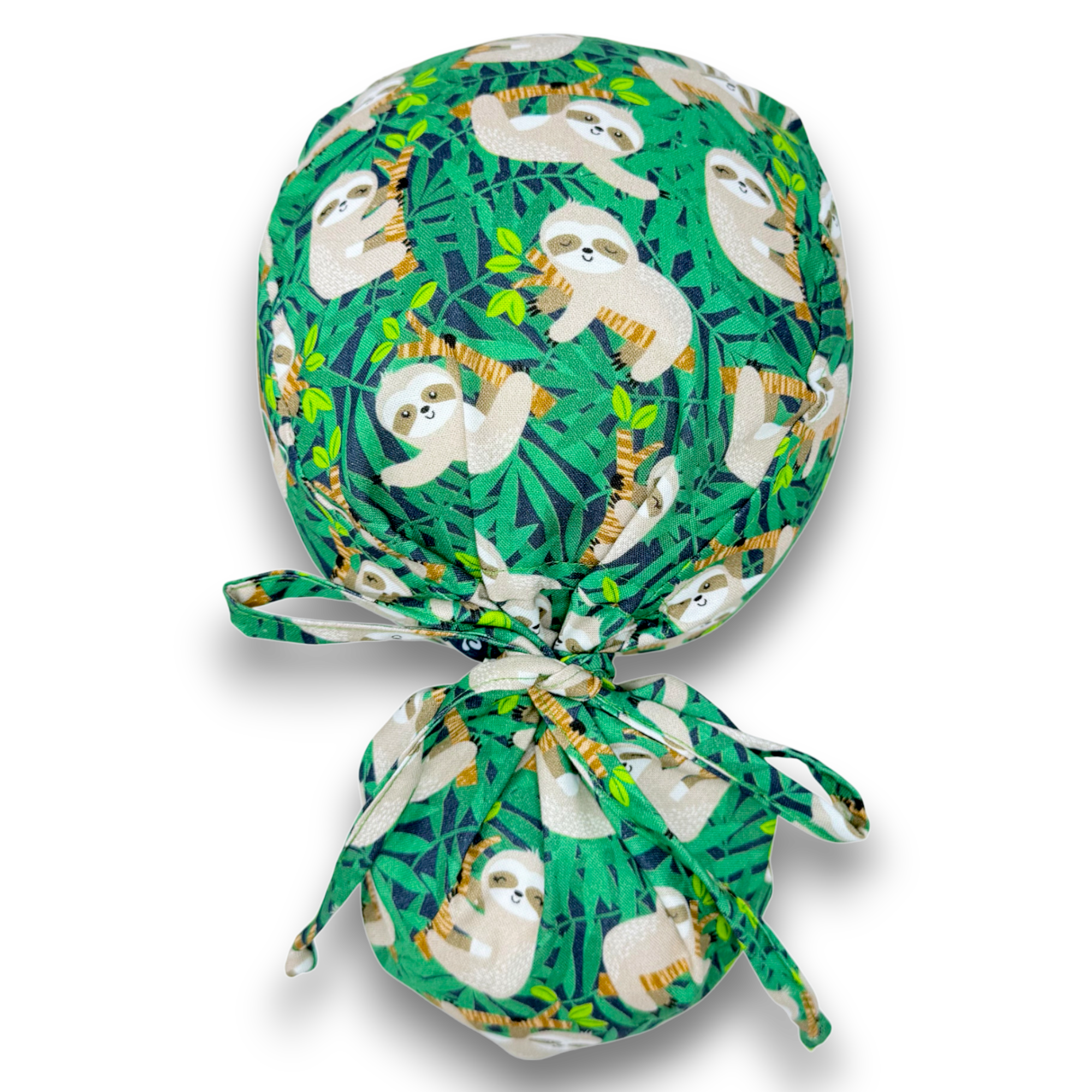Sloth Ponytail scrub cap for women with satin lined option by Paradise Caps.
