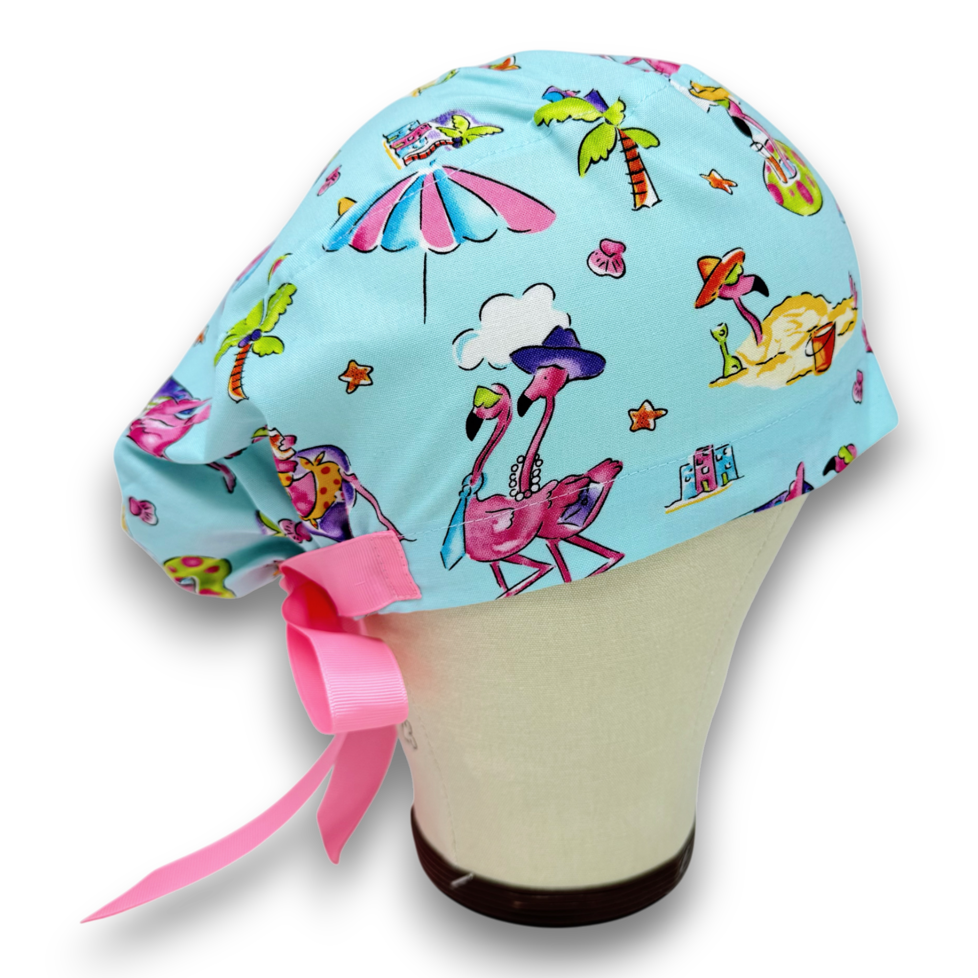 Flamingo Euro scrub cap with ties for Women by Paradise Caps. Euro PLUS style.