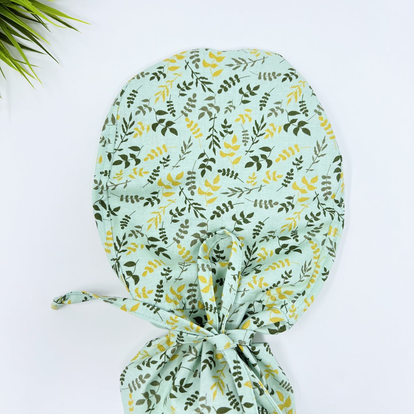 LEAVES MINT Ponytail scrub cap, Surgical cap women. Satin Lined Option Surgical cap with ponytail.