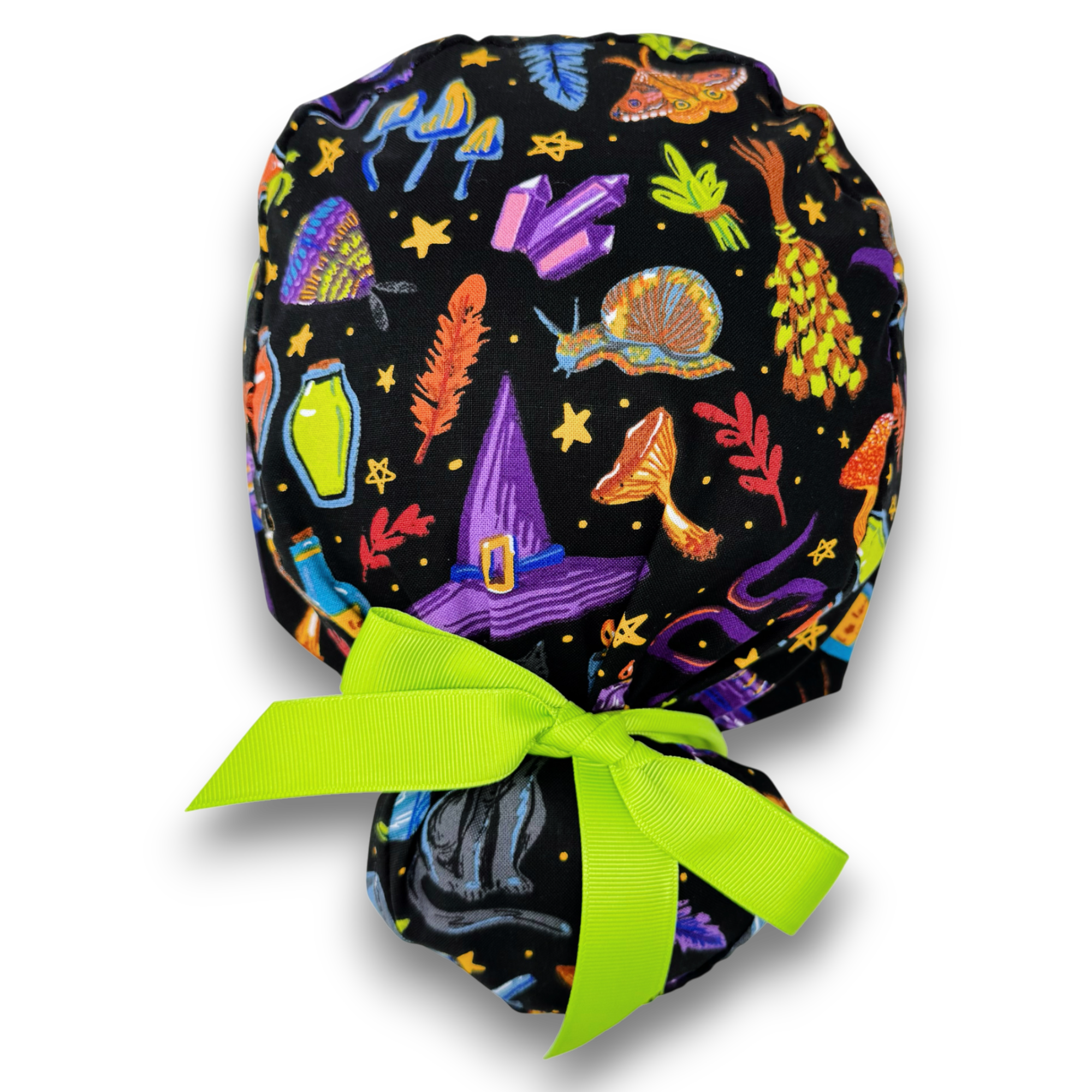 Halloween Witchy Icons Euro PLUS style with ties Scrub Cap for Women, European Surgical cap with Satin Lined Option.