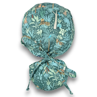 Ponytail scrub cap for women. Tropical Print Surgical hat with satin lined option by Paradise Caps.