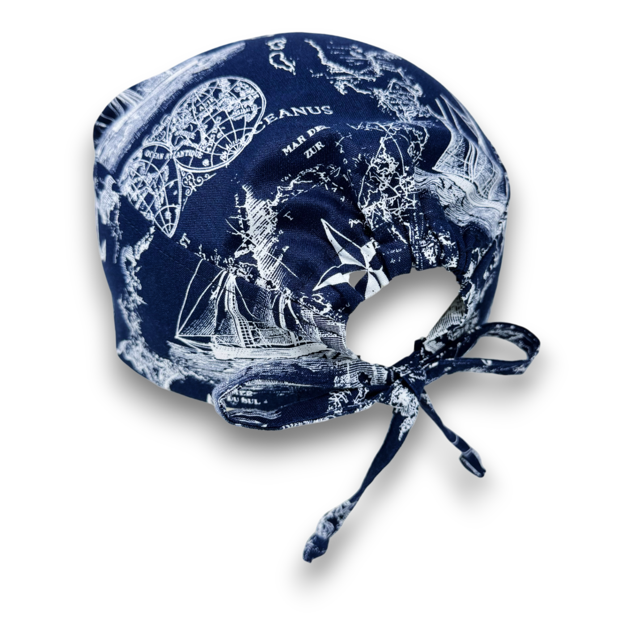 Ocean Cartography Skull tie-back style surgical scrub cap for men by Paradise Caps.