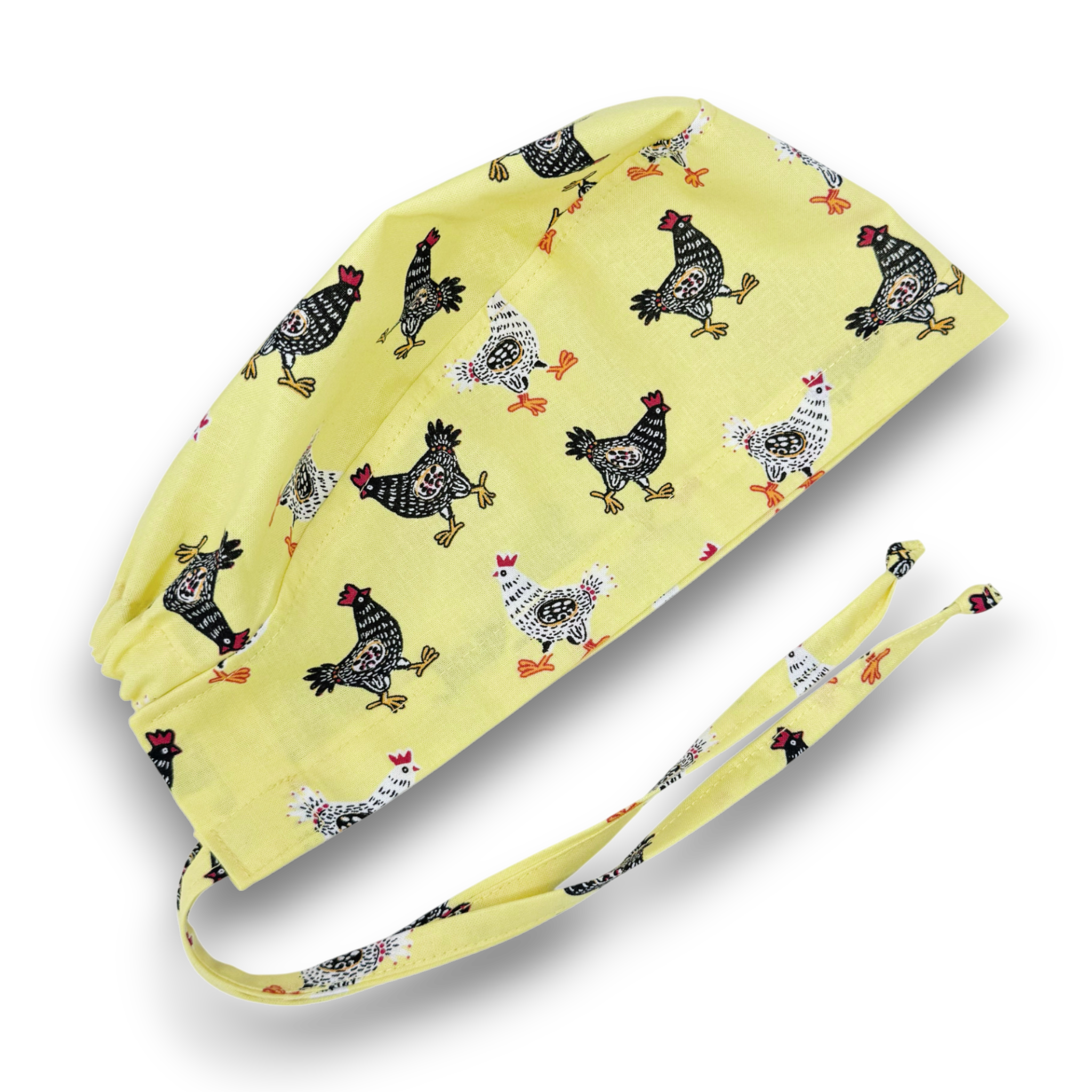 Chicken Surgical scrub cap for men. Funny tie back scrub hat by Paradise Caps. Yellow.