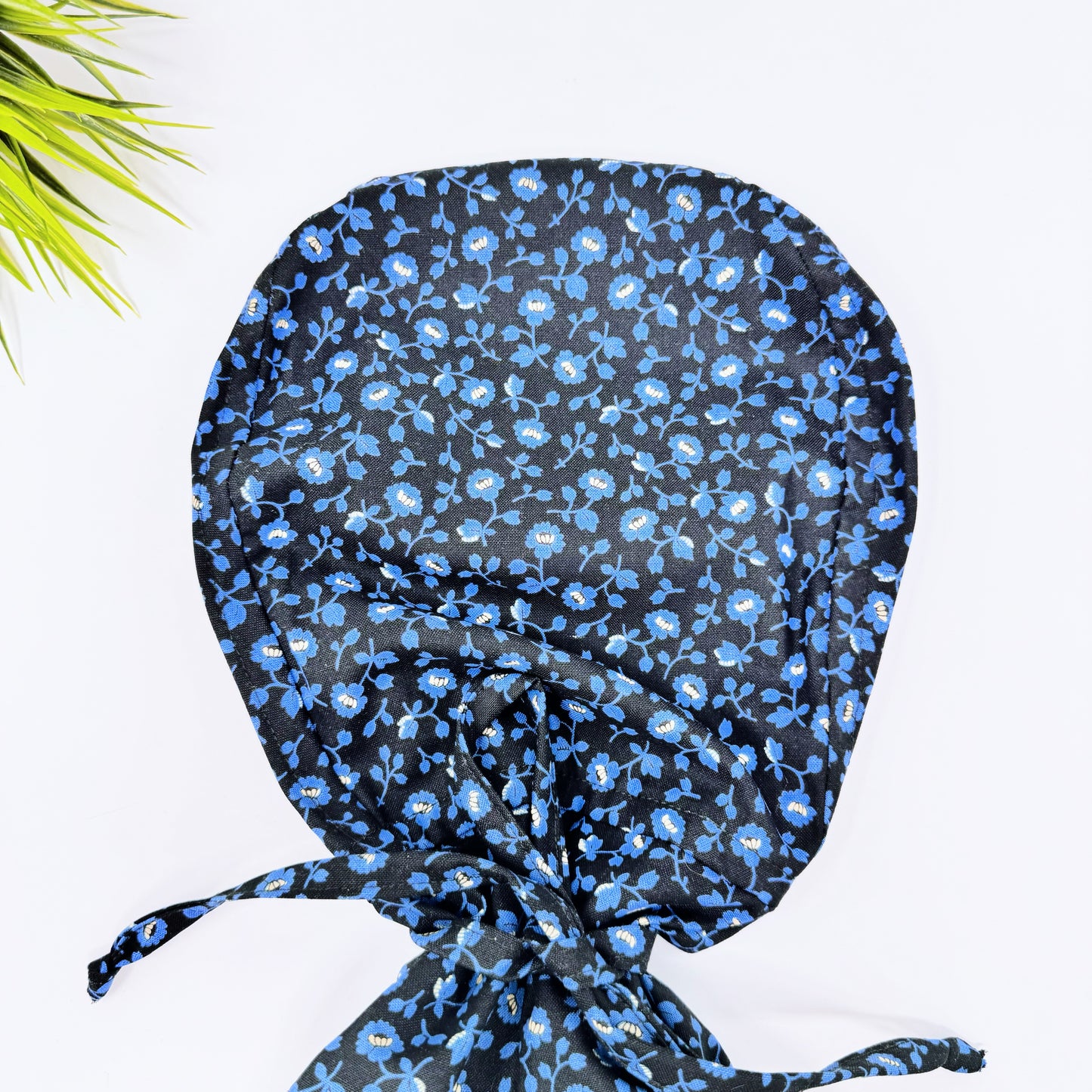 Blue Flower Ponytail scrub cap, Surgical cap women. Satin Lined Option Surgical cap with ponytail.