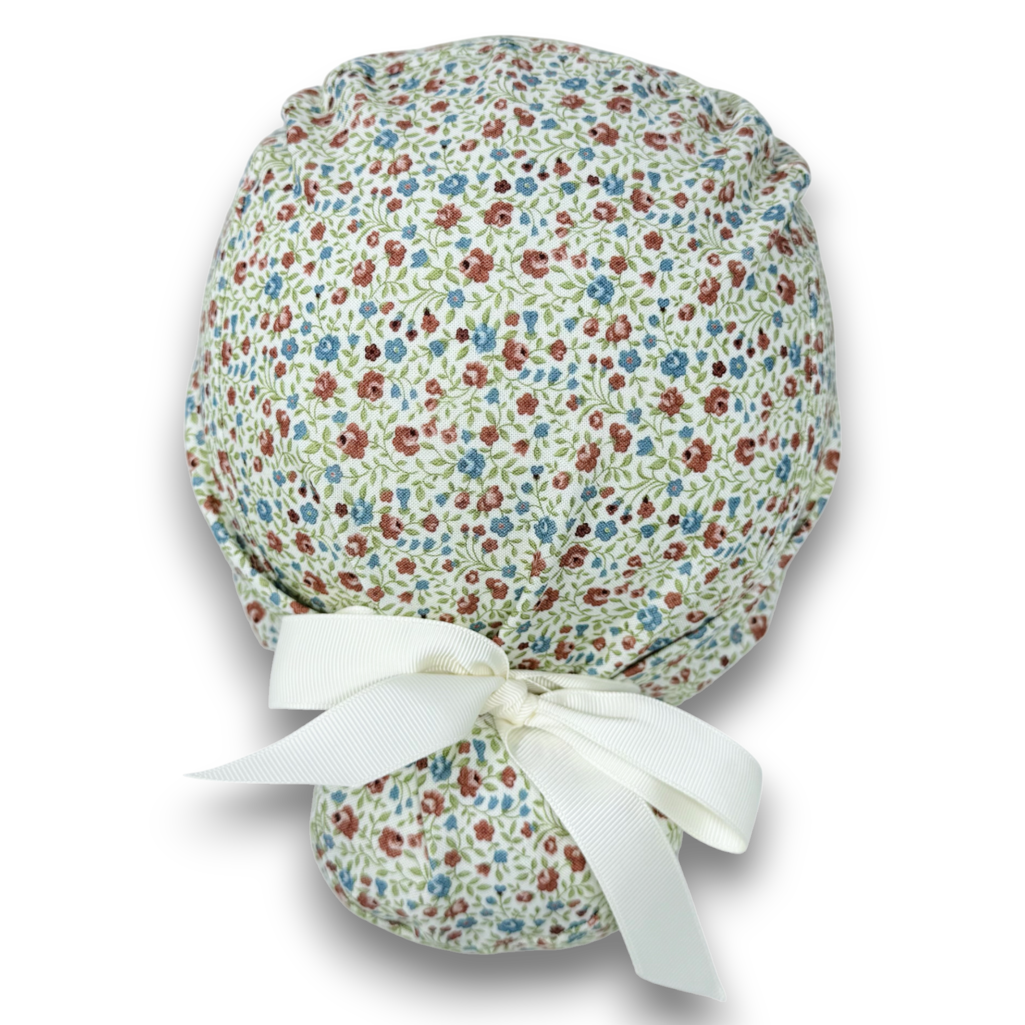 Red Blue Blossoms Euro scrub cap with ties for Women by Paradise Caps. Euro PLUS style.