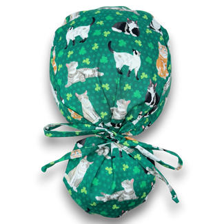 St. Patrick’s Day Ponytail scrub cap for women with satin lined option by Paradise Caps.
