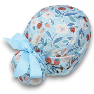 Strawberry Floral Euro scrub cap with ties for Women, Blue European Surgical cap with Satin Lined by Paradise Caps. Euro PLUS style.