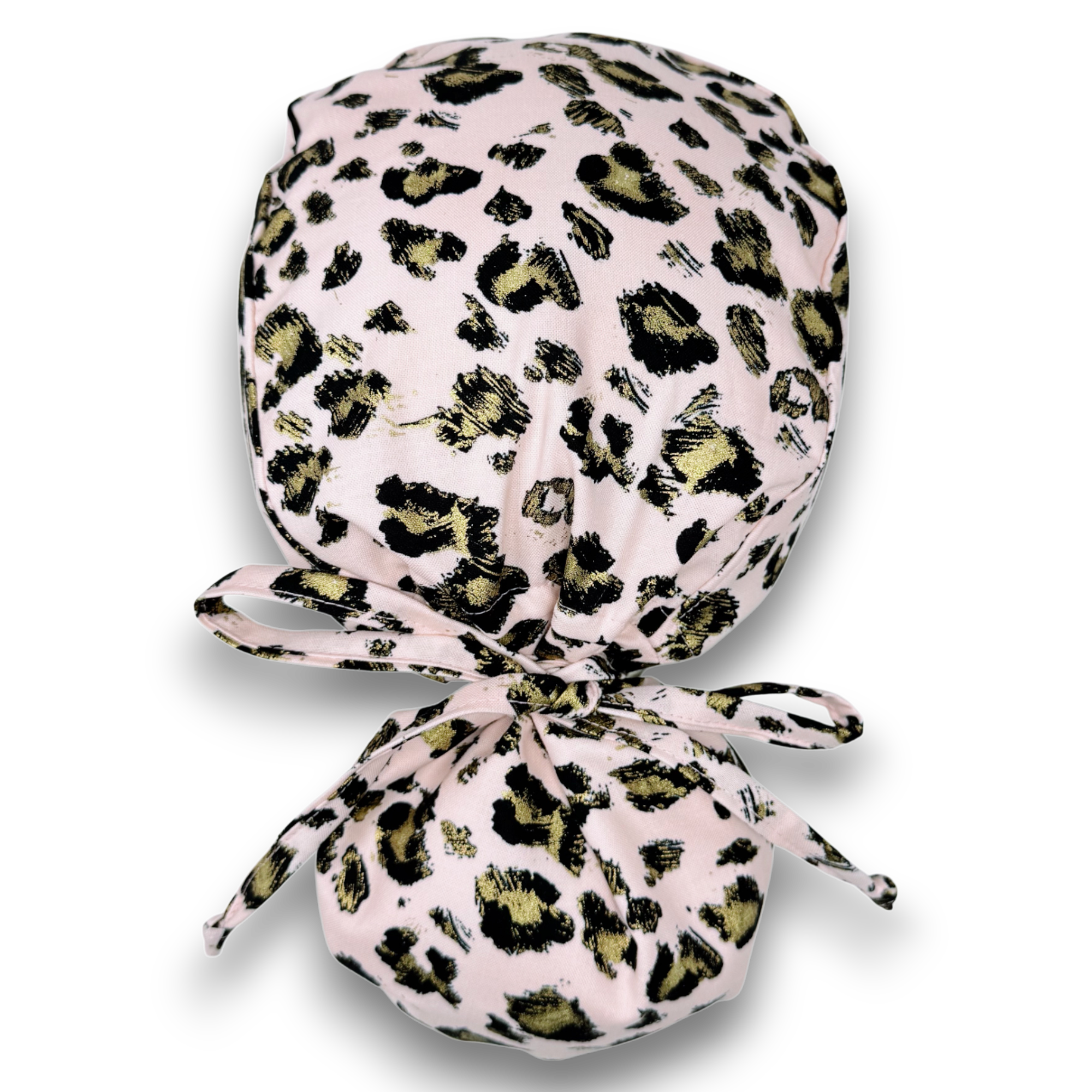 Pink leopard Ponytail scrub cap for women with satin lined option by Paradise Caps.