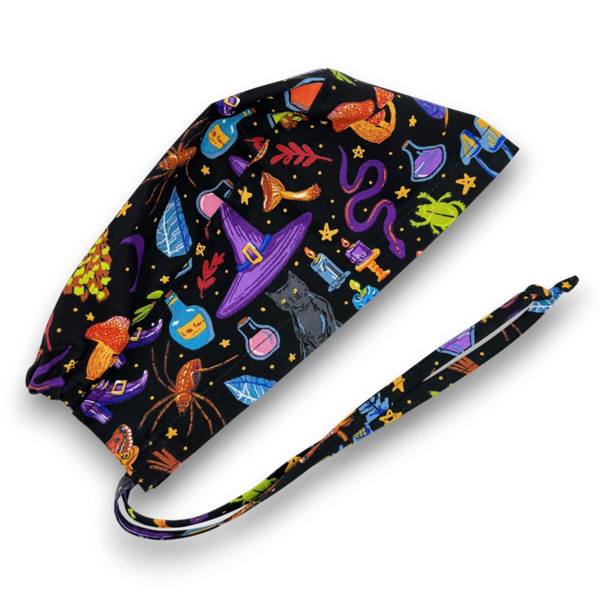 Halloween Witchy Icons Skull tie-back style surgical scrub cap for men by Paradise Caps.