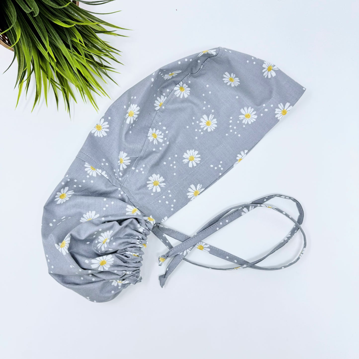 Gray Daisy Dots Ponytail scrub cap, Surgical cap women. Satin Lined Option Surgical cap with ponytail.